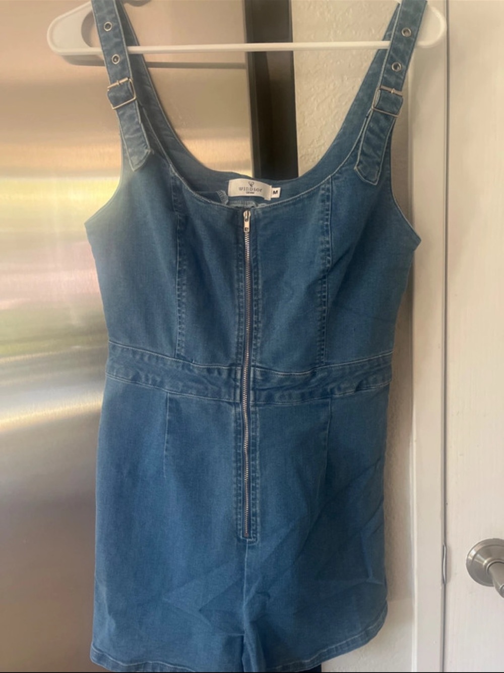 NWOT. Windsor Blue Denim Zip-Front Romper